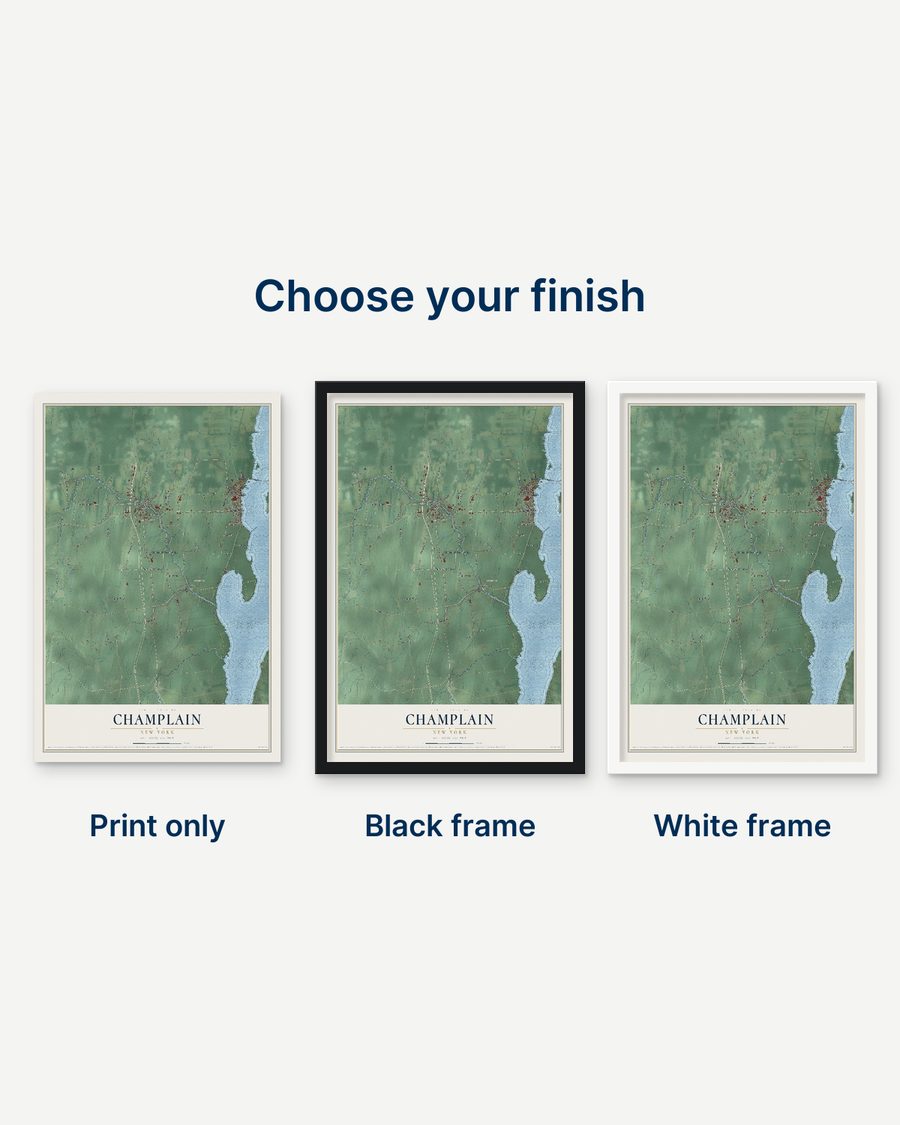The Champlain, New York map as a print only, in a black frame and in a white frame