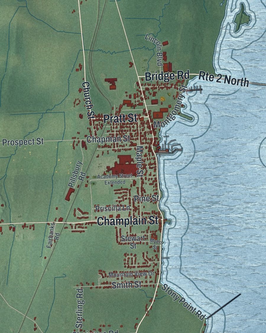 Close-up of Champlain streets on the map