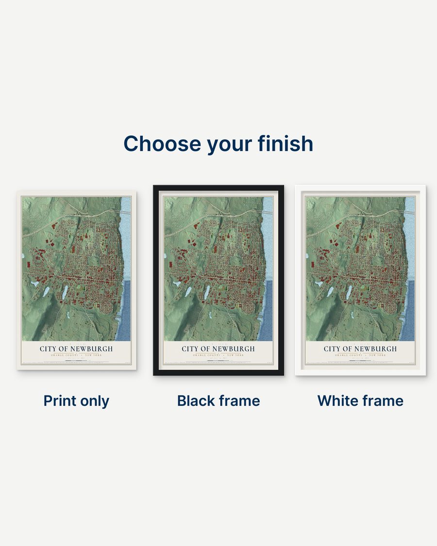 The City of Newburgh, Orange County, New York map as a print only, in a black frame and in a white frame