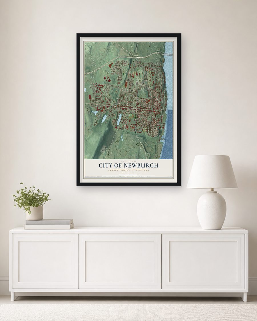 The City of Newburgh, Orange County, New York map, 24 x 36 in, in a black wood frame on a living room wall