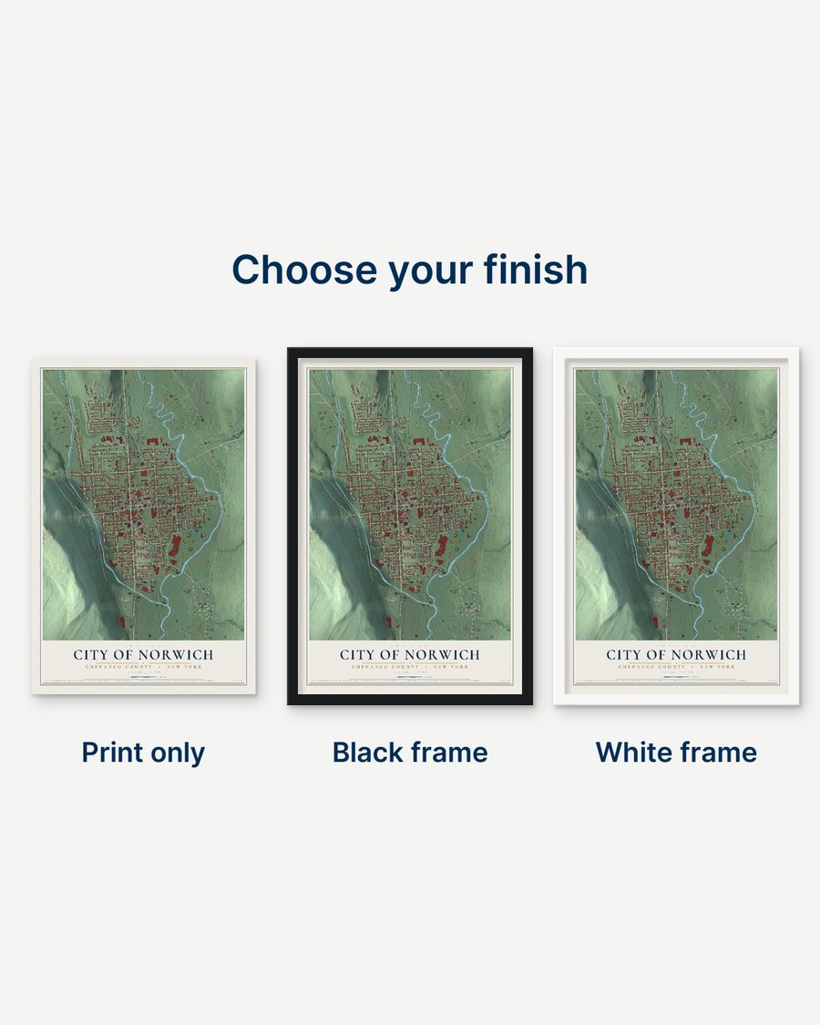The City of Norwich, Chenango County, New York map as a print only, in a black frame and in a white frame