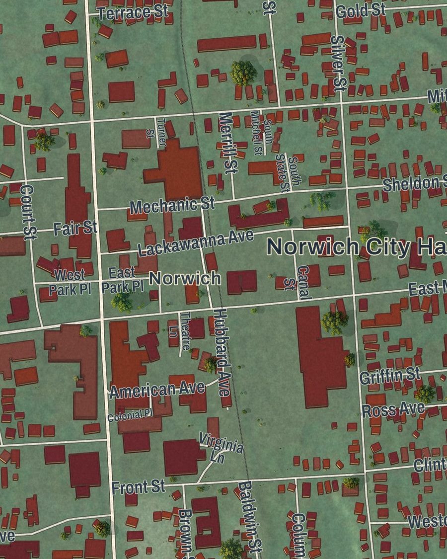 Close-up of City of Norwich streets on the map