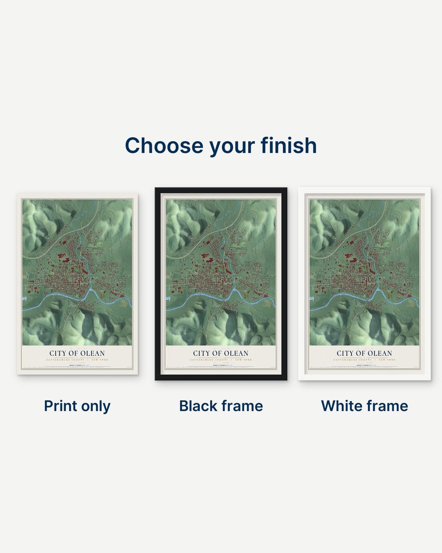 The City of Olean, Cattaraugus County, New York map as a print only, in a black frame and in a white frame