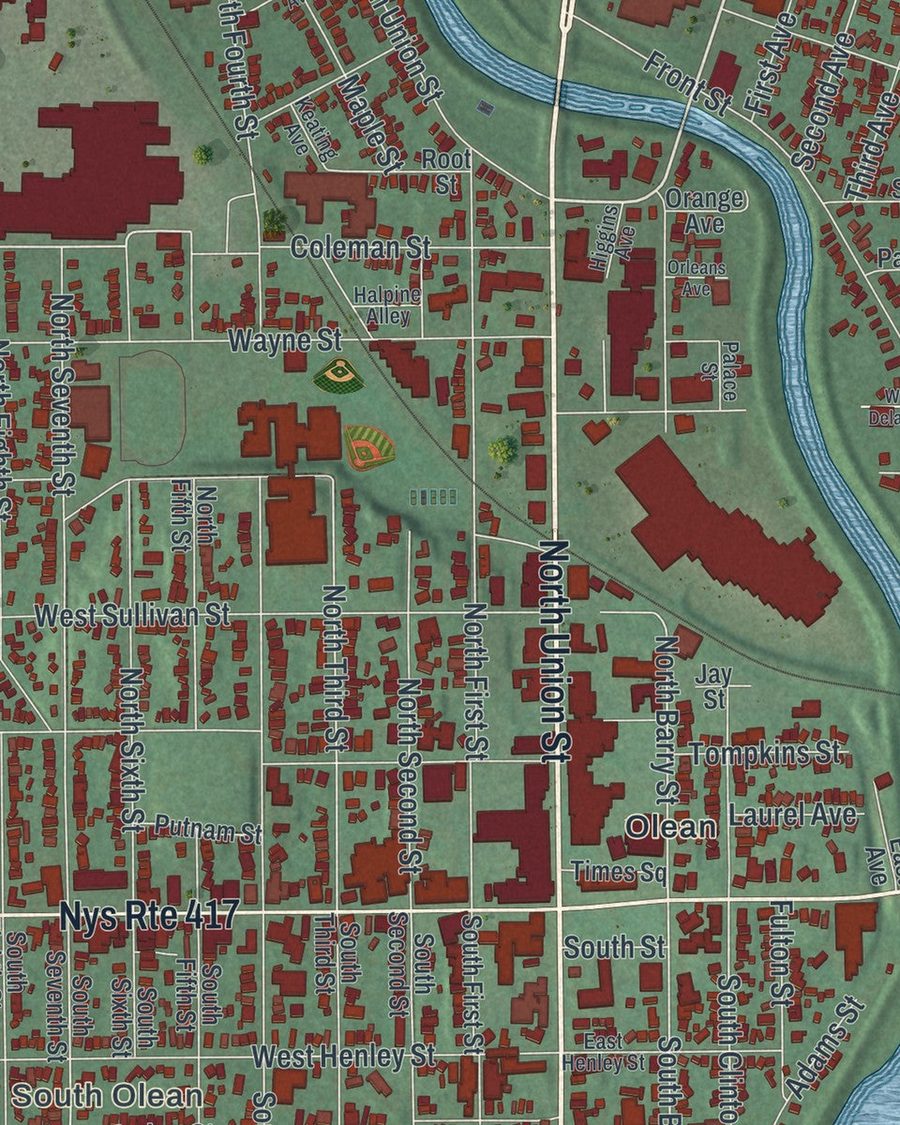 Close-up of City of Olean streets on the map
