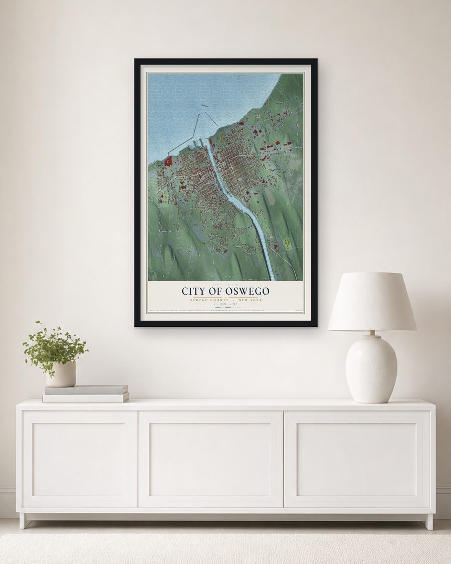 The City of Oswego, Oswego County, New York map, 24 x 36 in, in a black wood frame on a living room wall