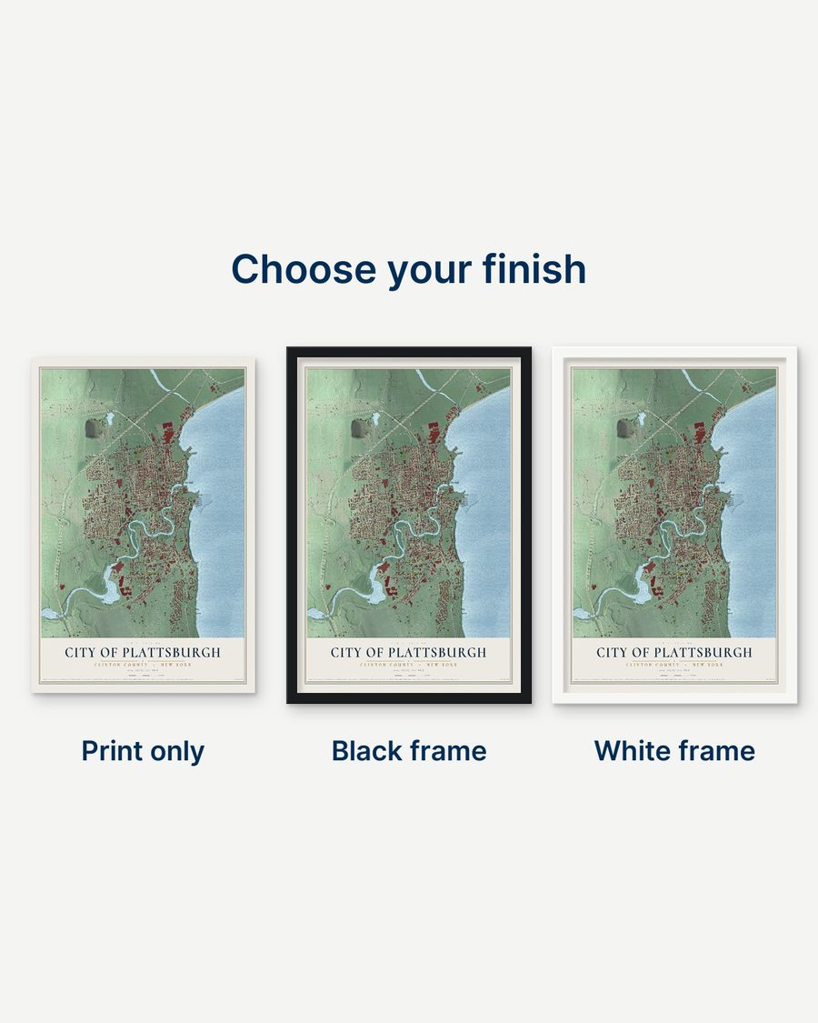The City of Plattsburgh, Clinton County, New York map as a print only, in a black frame and in a white frame