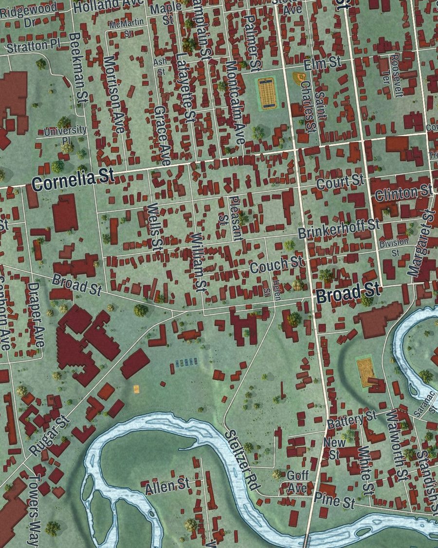 Close-up of City of Plattsburgh streets on the map