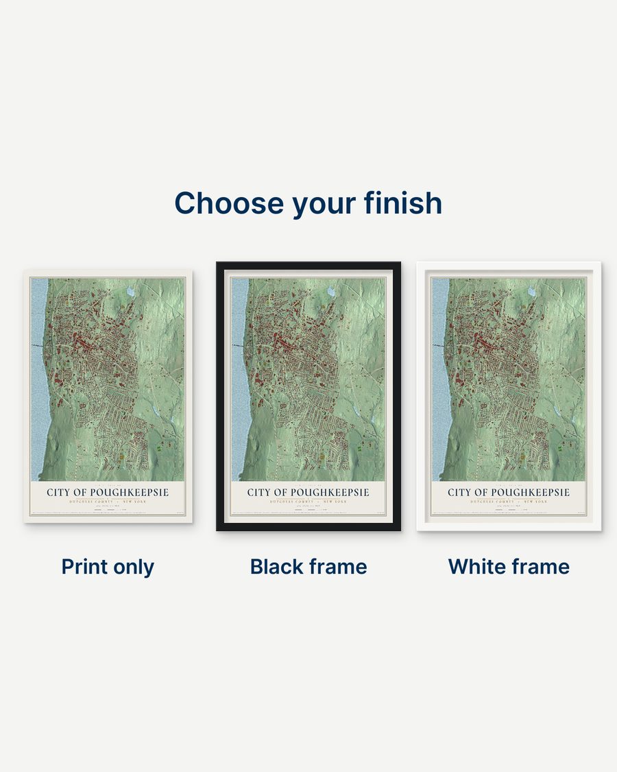 The City of Poughkeepsie, Dutchess County, New York map as a print only, in a black frame and in a white frame