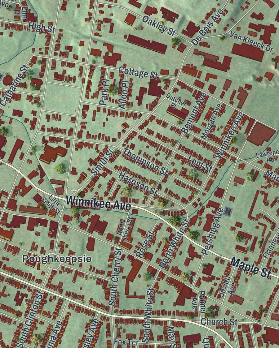 Close-up of City of Poughkeepsie streets on the map
