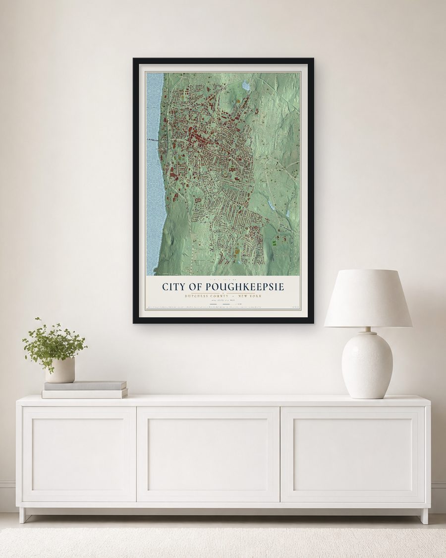 The City of Poughkeepsie, Dutchess County, New York map, 24 x 36 in, in a black wood frame on a living room wall