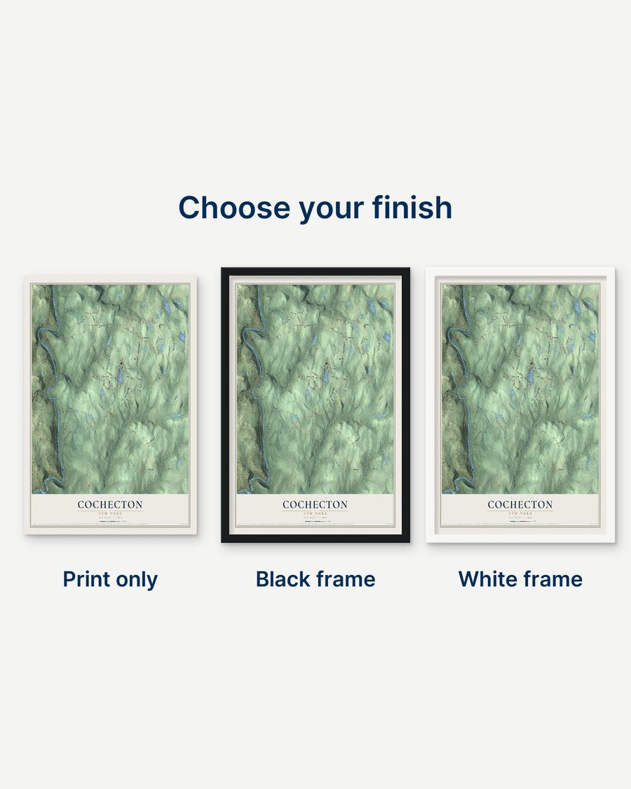 The Cochecton, New York map as a print only, in a black frame and in a white frame