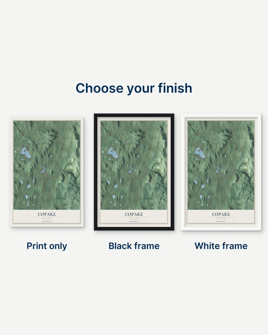 The Copake, New York map as a print only, in a black frame and in a white frame