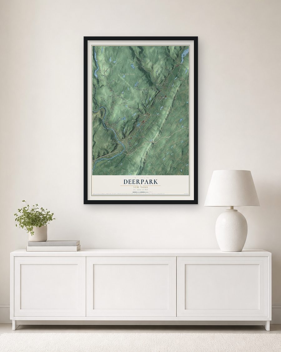 The Deerpark, New York map, 24 x 36 in, in a black wood frame on a living room wall
