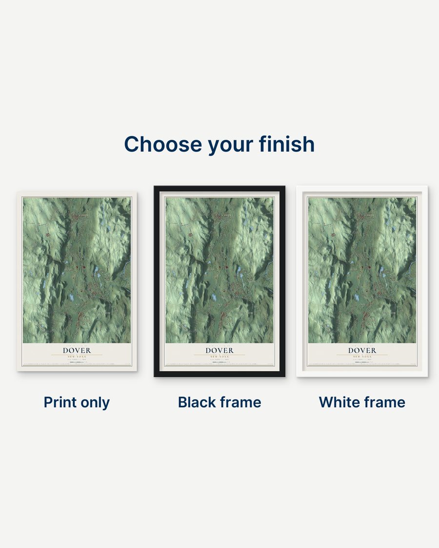 The Dover, New York map as a print only, in a black frame and in a white frame
