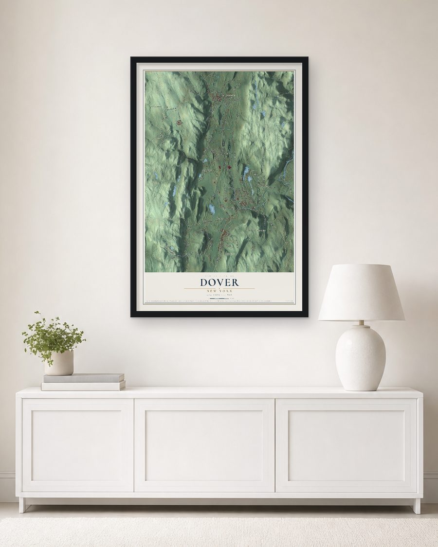 The Dover, New York map, 24 x 36 in, in a black wood frame on a living room wall