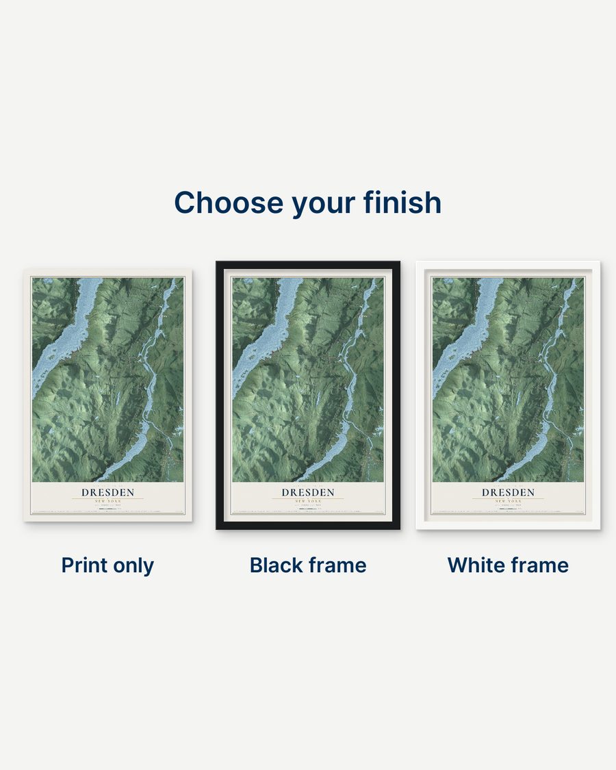 The Dresden, New York map as a print only, in a black frame and in a white frame