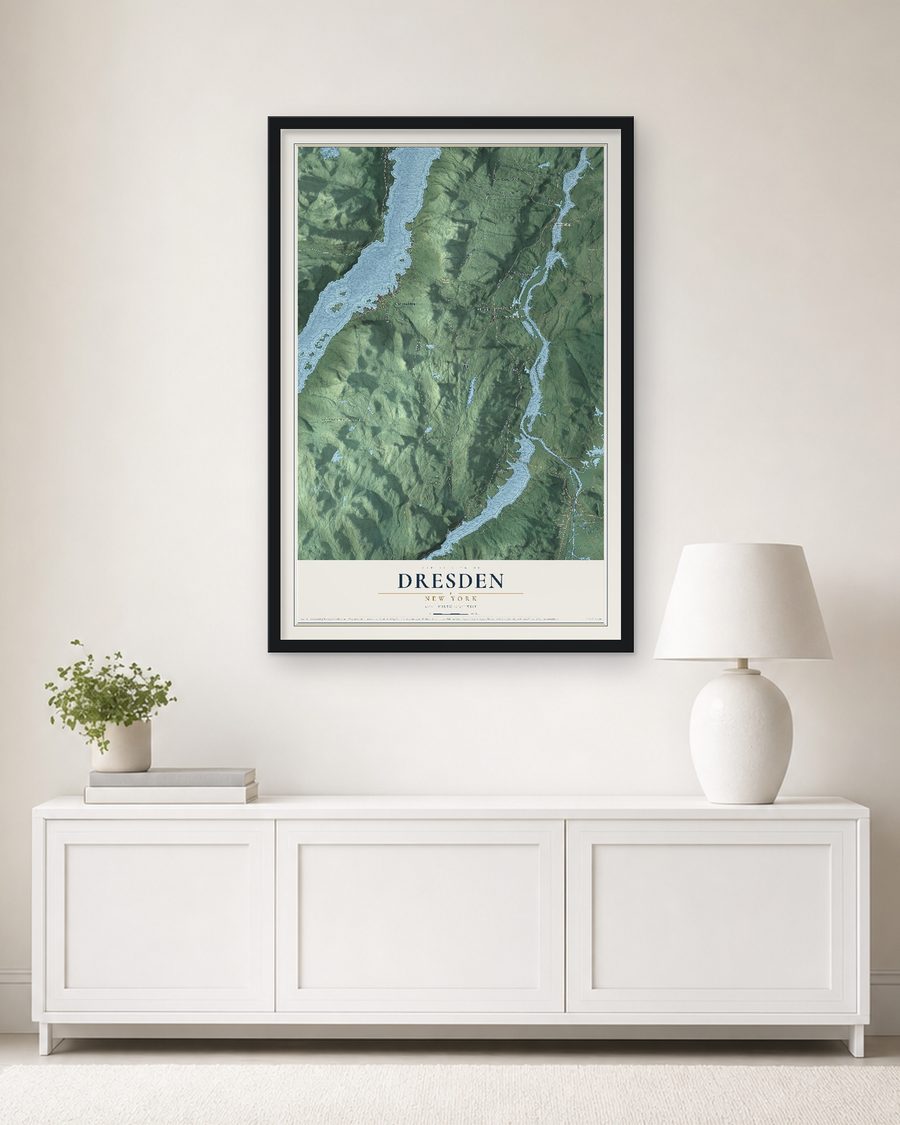 The Dresden, New York map, 24 x 36 in, in a black wood frame on a living room wall