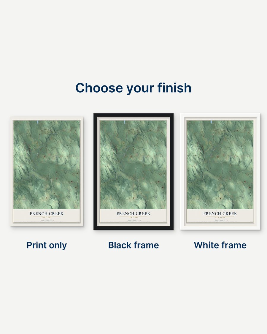 The French Creek, New York map as a print only, in a black frame and in a white frame