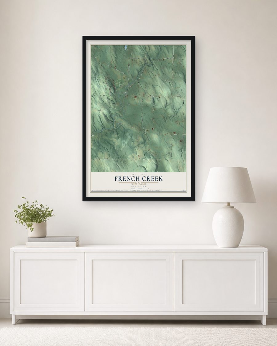 The French Creek, New York map, 24 x 36 in, in a black wood frame on a living room wall