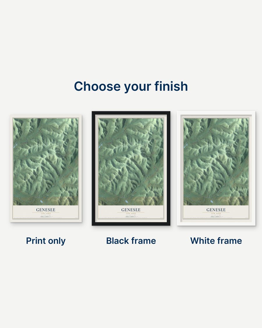 The Genesee, New York map as a print only, in a black frame and in a white frame