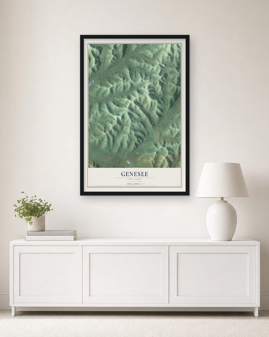 The Genesee, New York map, 24 x 36 in, in a black wood frame on a living room wall