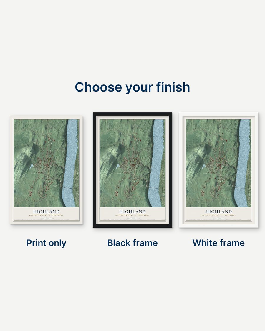 The Highland, Ulster County, New York map as a print only, in a black frame and in a white frame