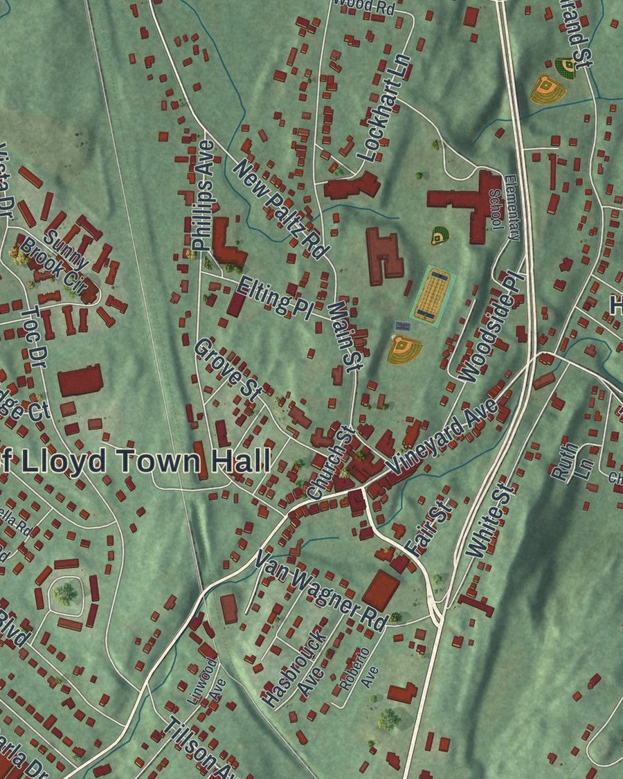 Close-up of Highland streets on the map