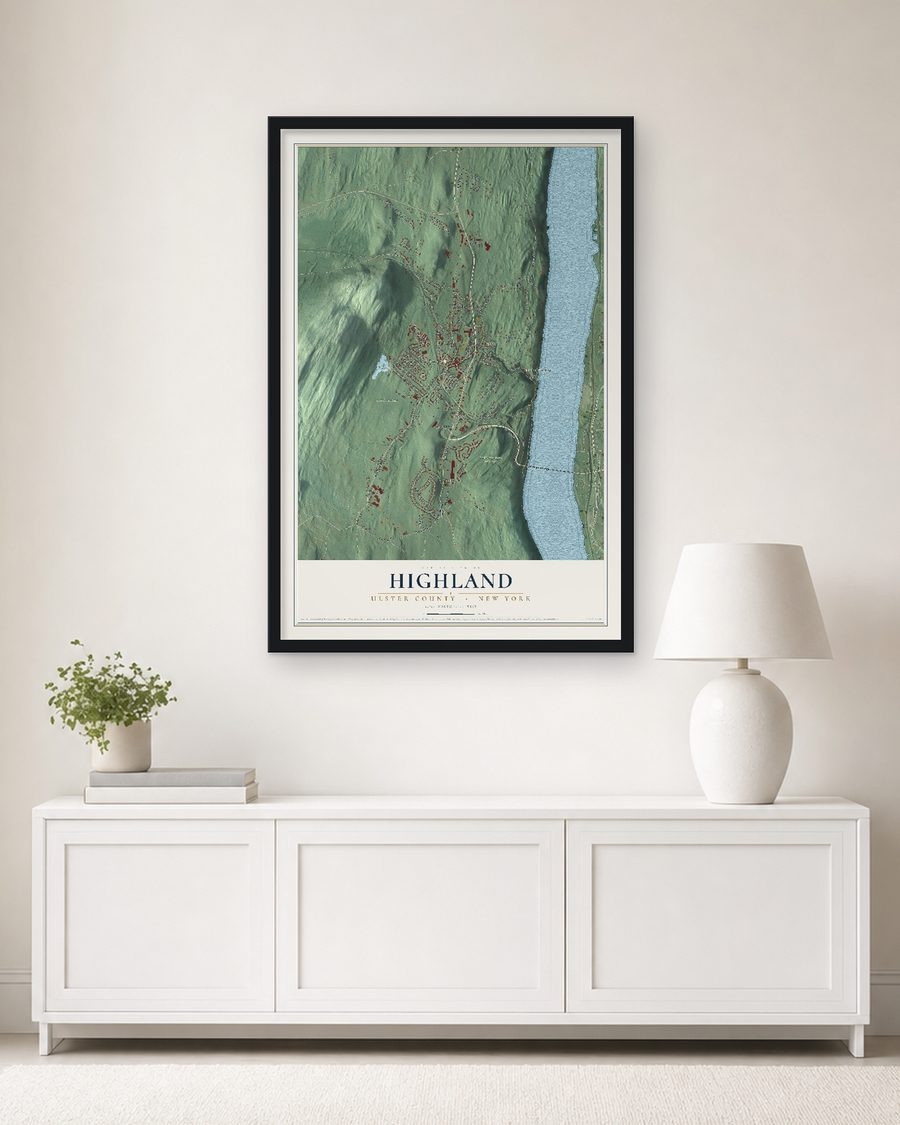 The Highland, Ulster County, New York map, 24 x 36 in, in a black wood frame on a living room wall