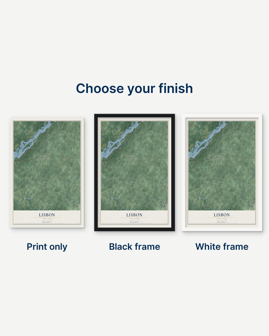 The Lisbon, New York map as a print only, in a black frame and in a white frame