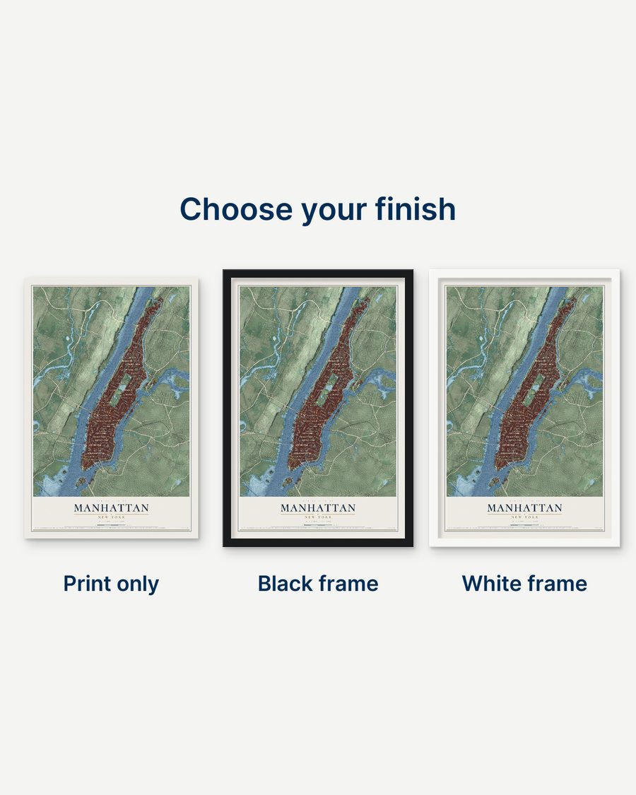 The Manhattan, New York map as a print only, in a black frame and in a white frame