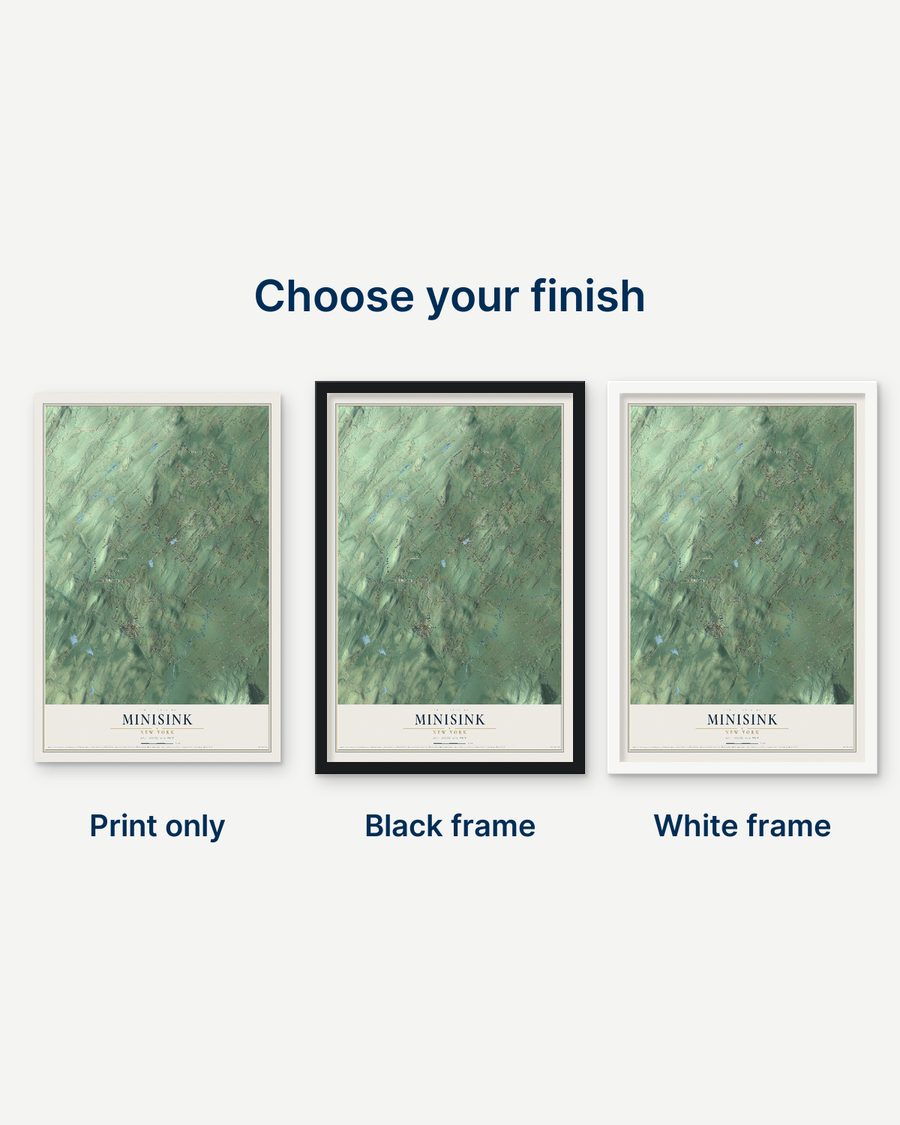 The Minisink, New York map as a print only, in a black frame and in a white frame