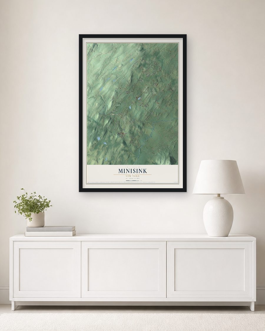 The Minisink, New York map, 24 x 36 in, in a black wood frame on a living room wall