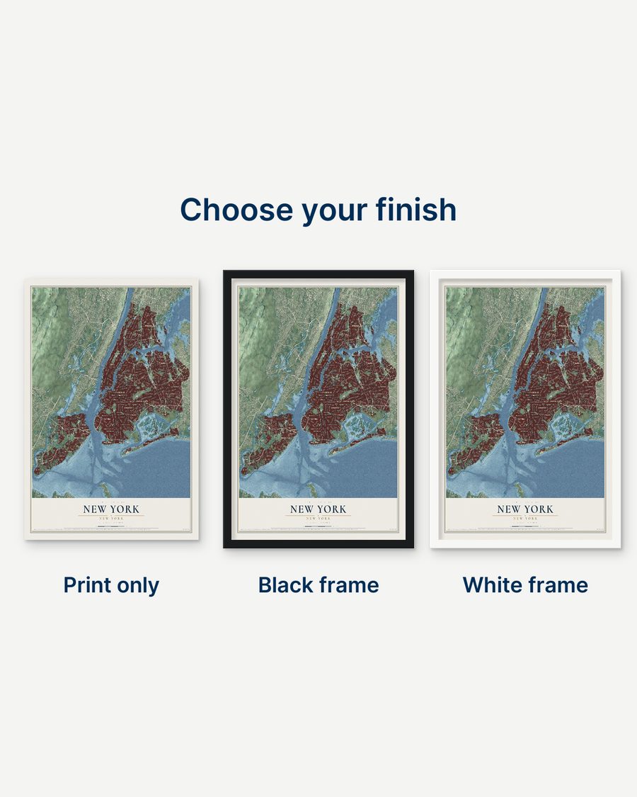 The New York, New York map as a print only, in a black frame and in a white frame