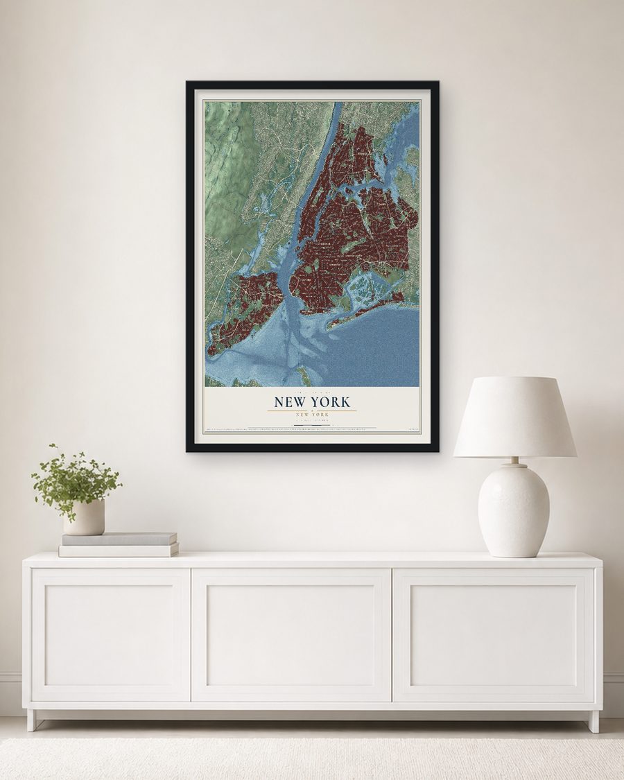 The New York, New York map, 24 x 36 in, in a black wood frame on a living room wall