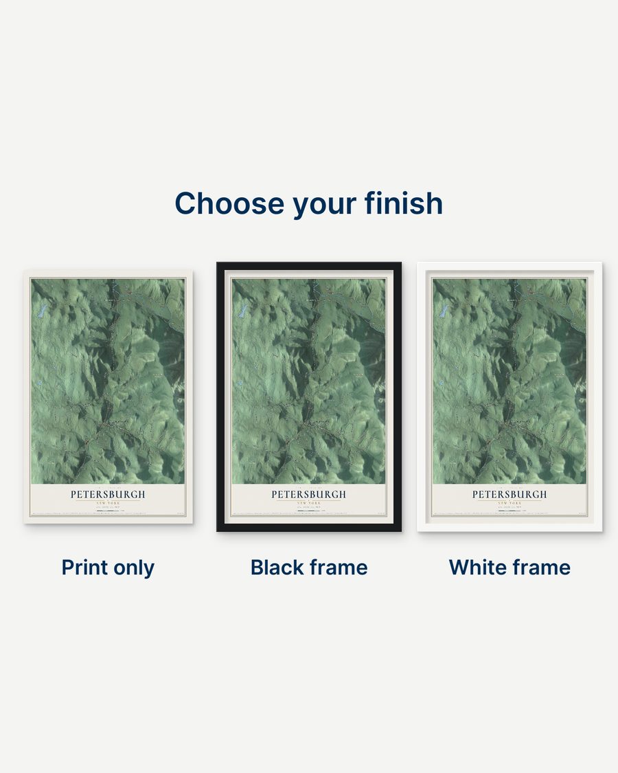 The Petersburgh, New York map as a print only, in a black frame and in a white frame