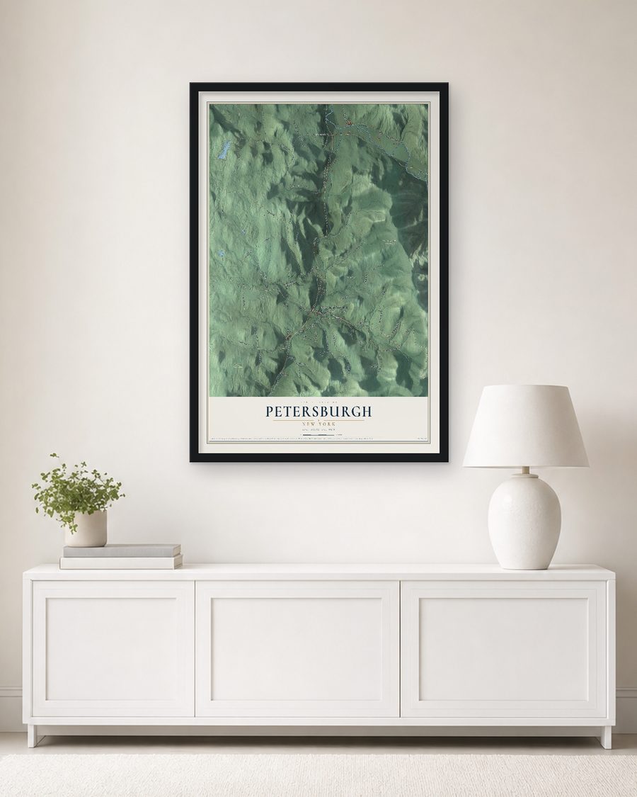 The Petersburgh, New York map, 24 x 36 in, in a black wood frame on a living room wall