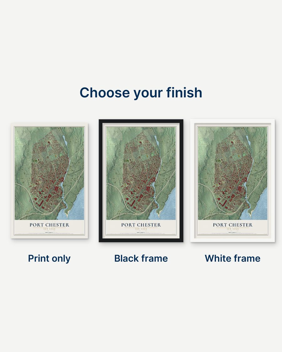 The Port Chester, New York map as a print only, in a black frame and in a white frame