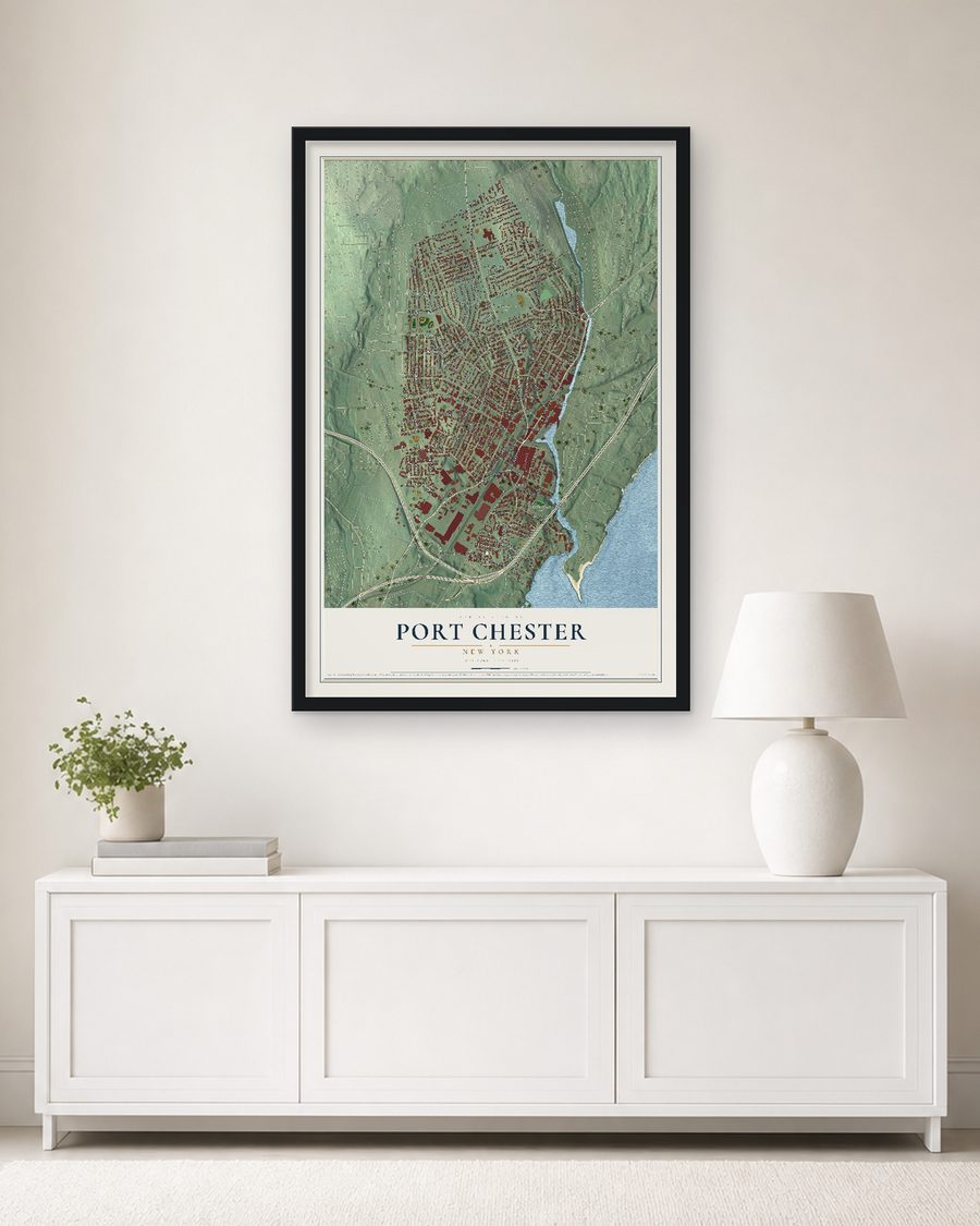 The Port Chester, New York map, 24 x 36 in, in a black wood frame on a living room wall
