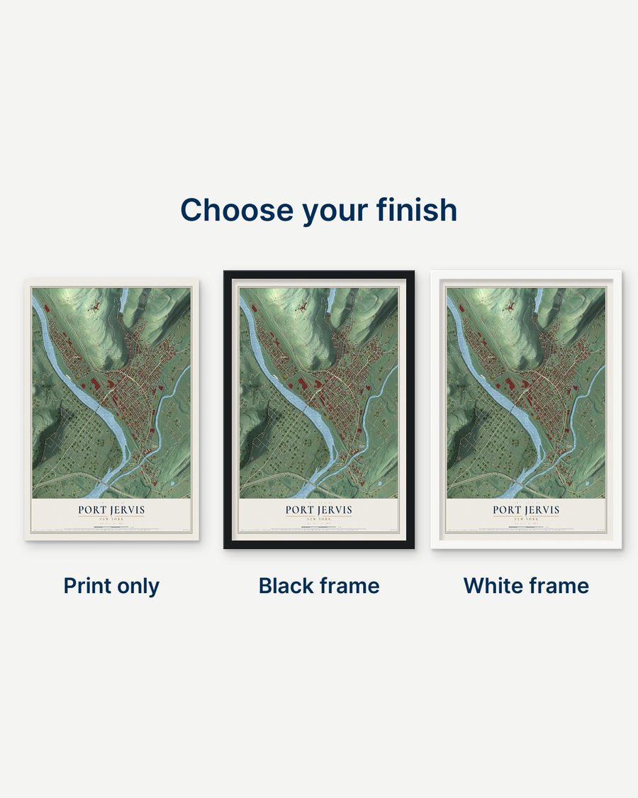 The Port Jervis, New York map as a print only, in a black frame and in a white frame