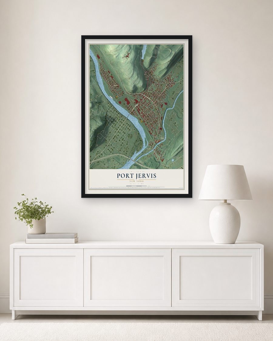 The Port Jervis, New York map, 24 x 36 in, in a black wood frame on a living room wall