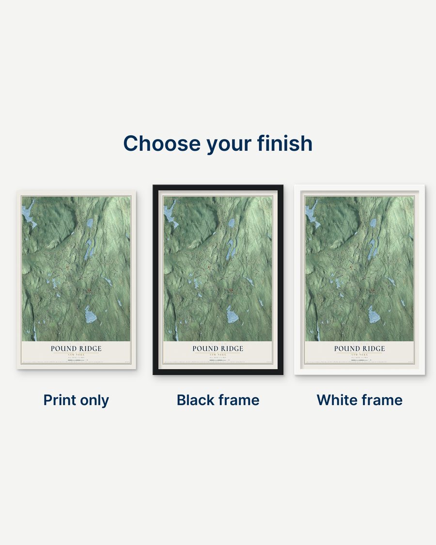 The Pound Ridge, New York map as a print only, in a black frame and in a white frame