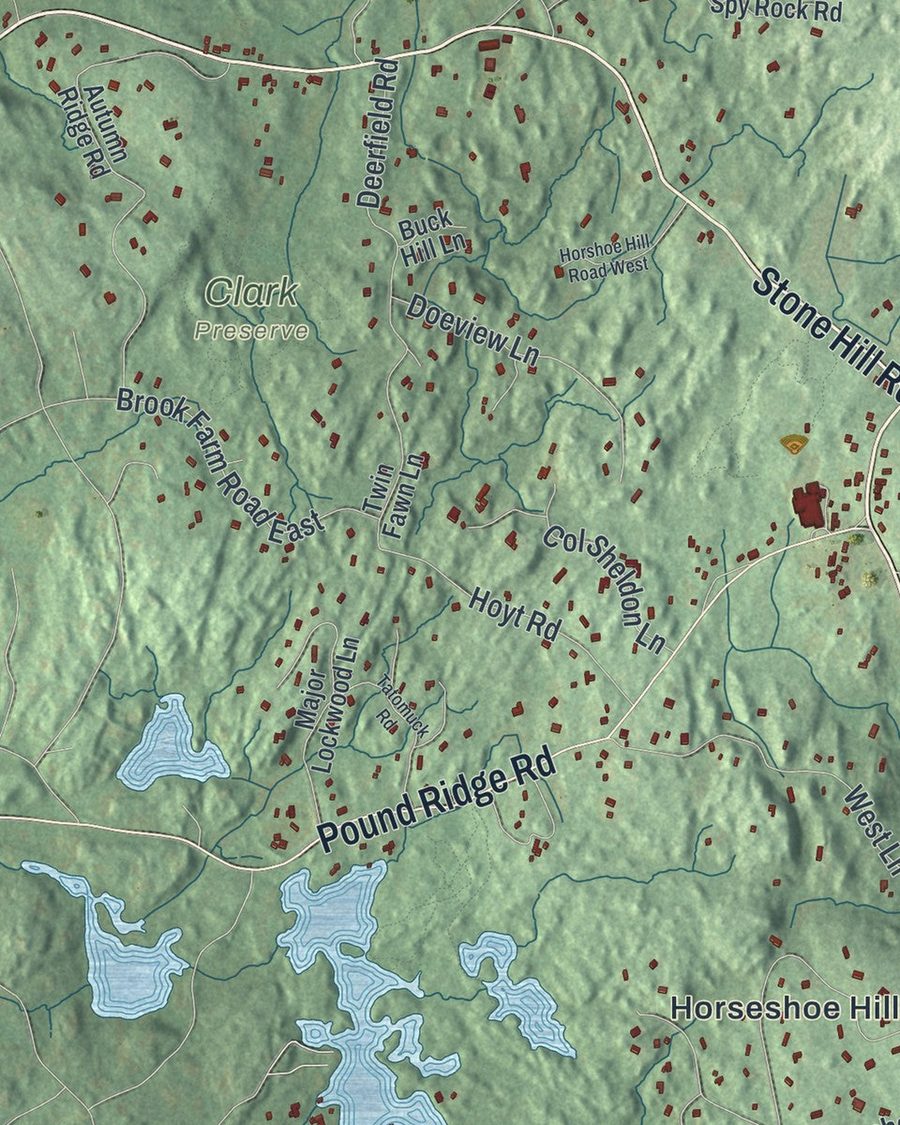 Close-up of Pound Ridge streets on the map