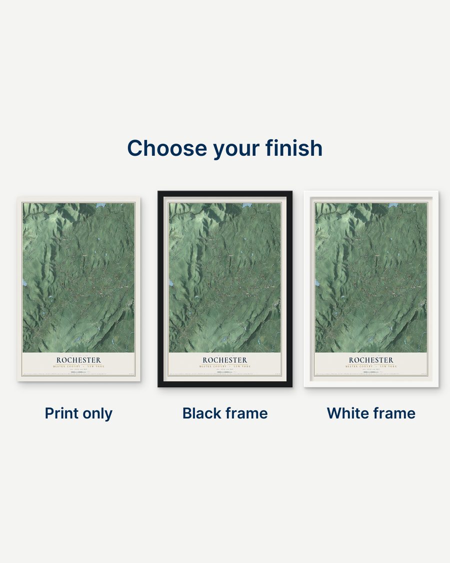The Rochester, Ulster County, New York map as a print only, in a black frame and in a white frame