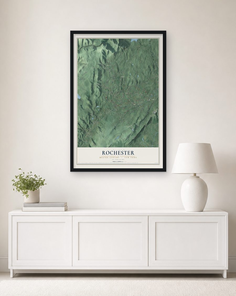 The Rochester, Ulster County, New York map, 24 x 36 in, in a black wood frame on a living room wall
