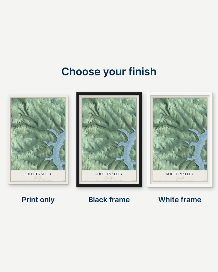 The South Valley, New York map as a print only, in a black frame and in a white frame