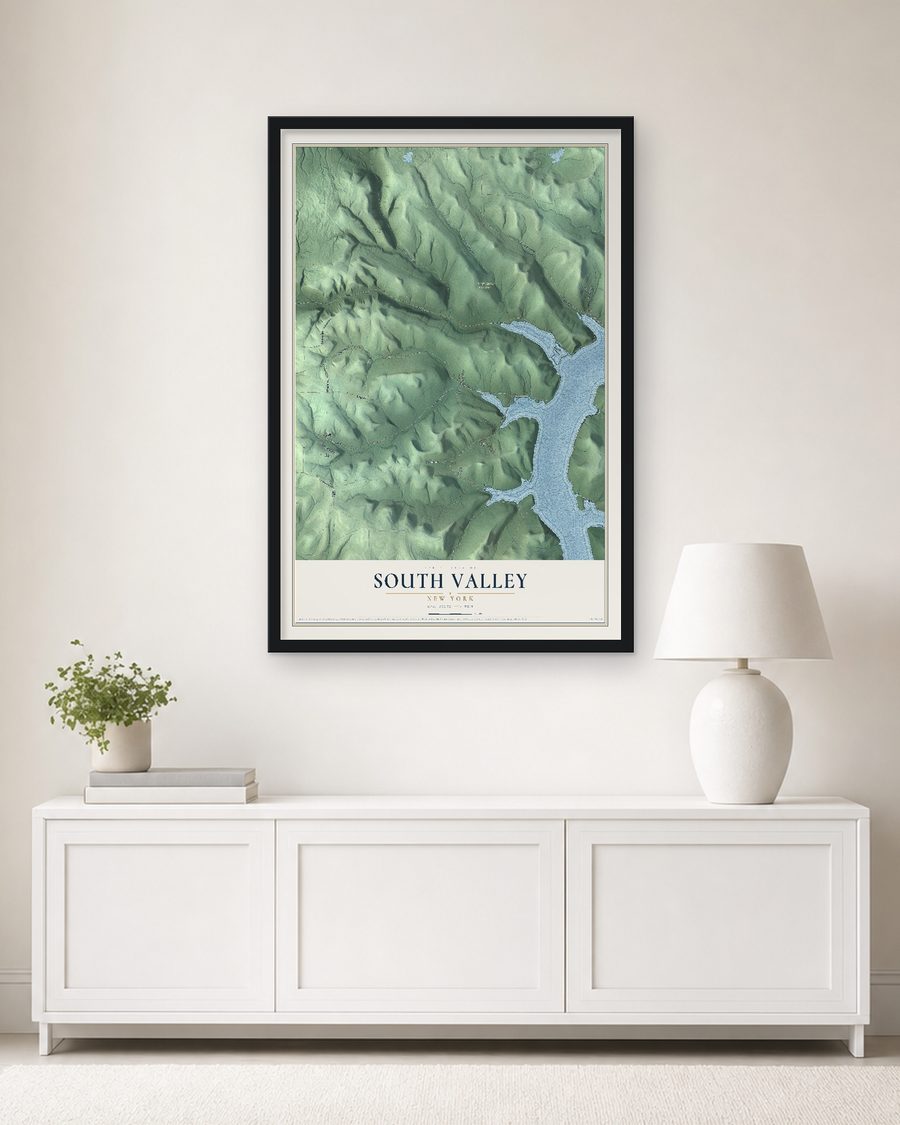 The South Valley, New York map, 24 x 36 in, in a black wood frame on a living room wall