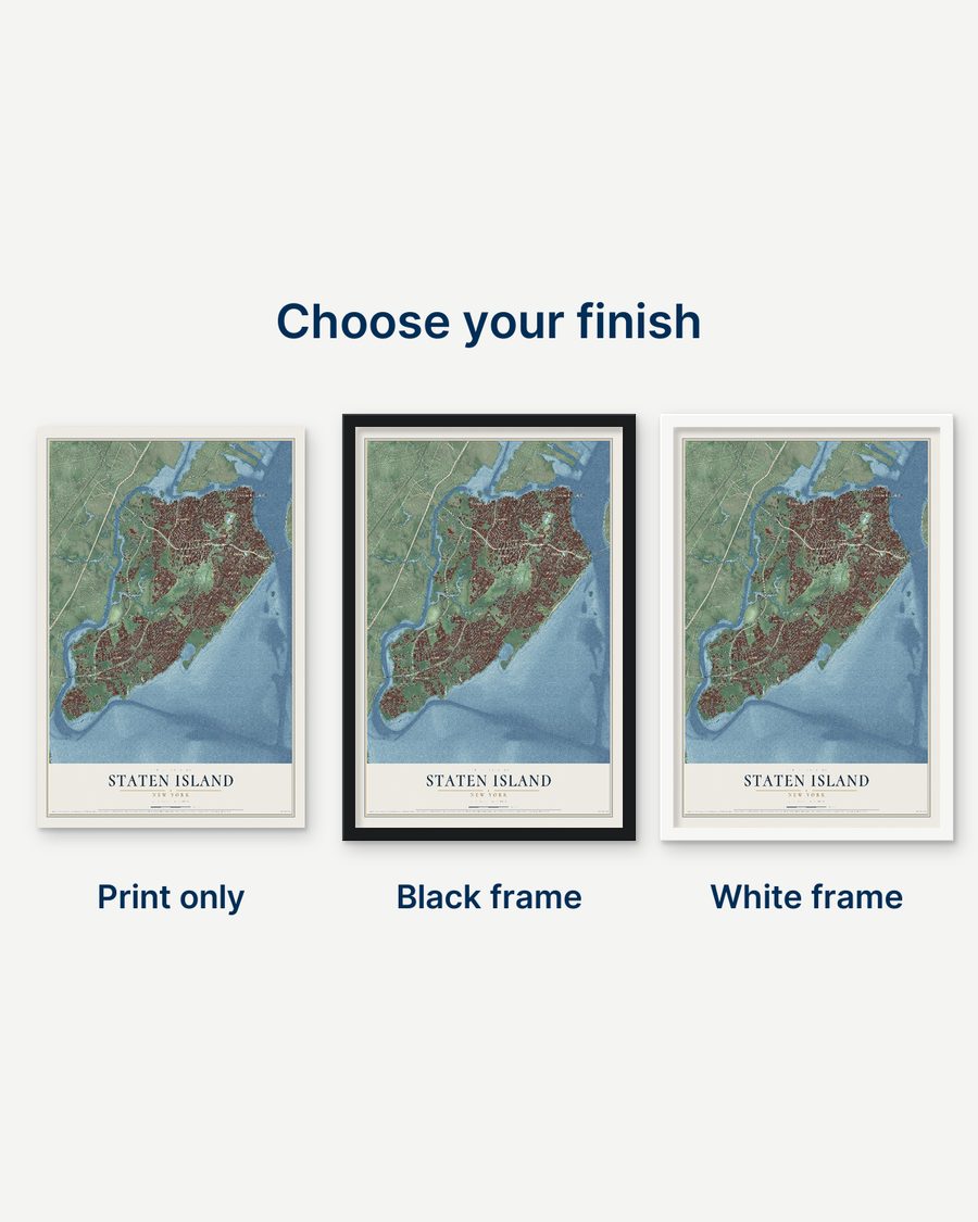 The Staten Island, New York map as a print only, in a black frame and in a white frame