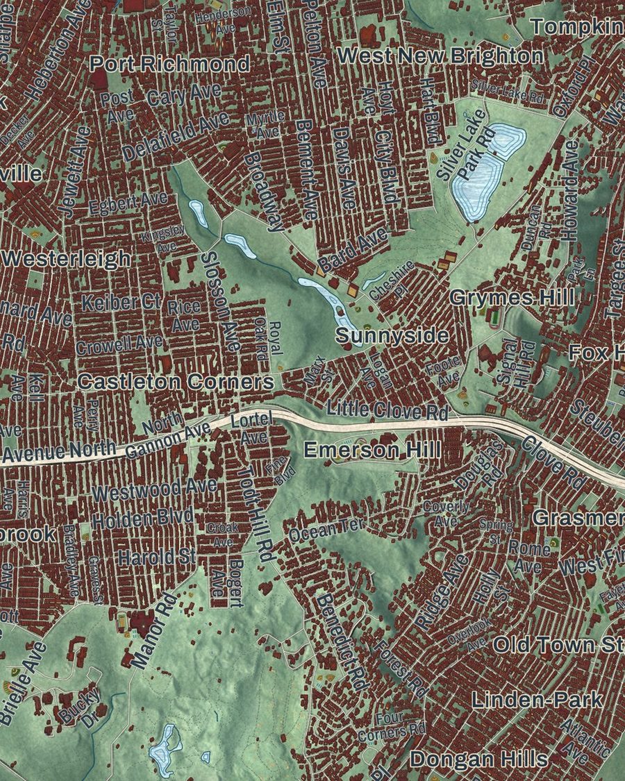 Close-up of Staten Island streets on the map