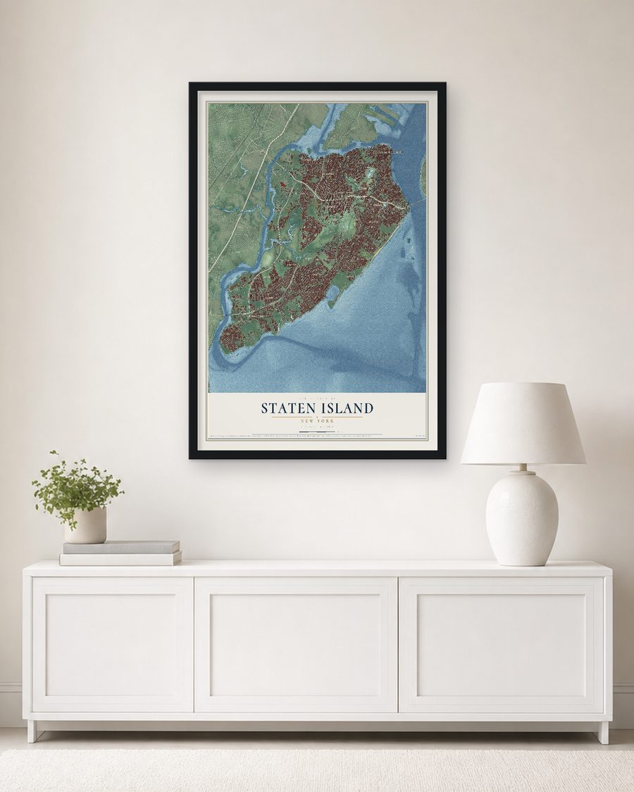 The Staten Island, New York map, 24 x 36 in, in a black wood frame on a living room wall