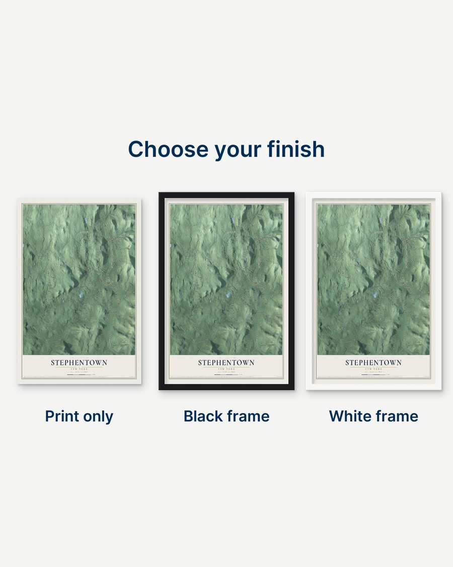 The Stephentown, New York map as a print only, in a black frame and in a white frame